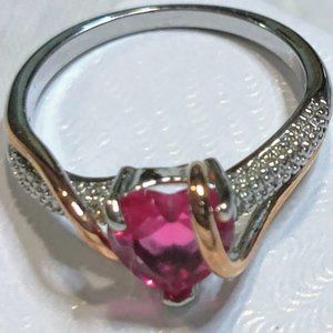 Two Tone Pink Heart Ring CZ Sz 6
